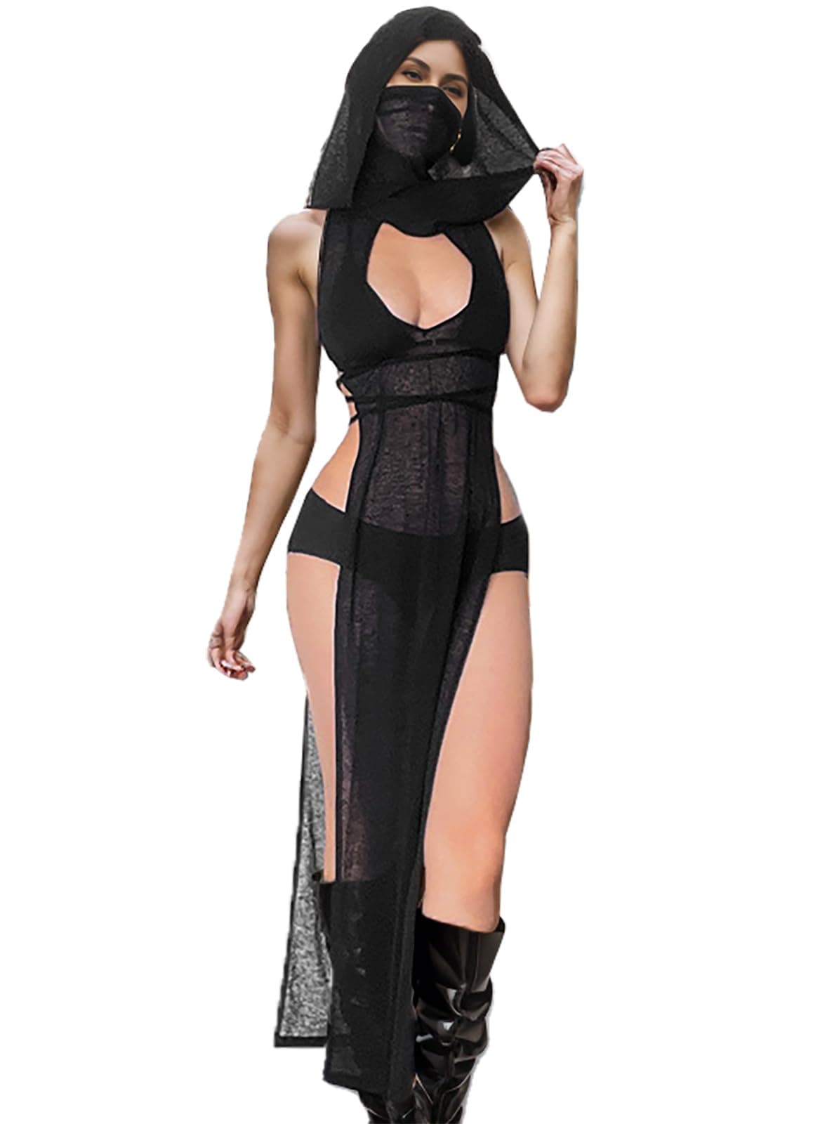 Milelook Goth High-Slit Sheer Mock Neck Sleeveless Coverup