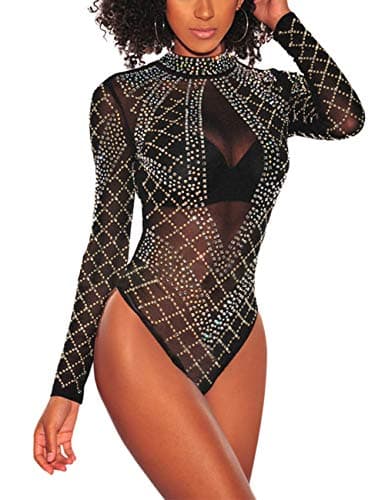 Sheer Mesh Turtleneck Bodysuit for Ladies