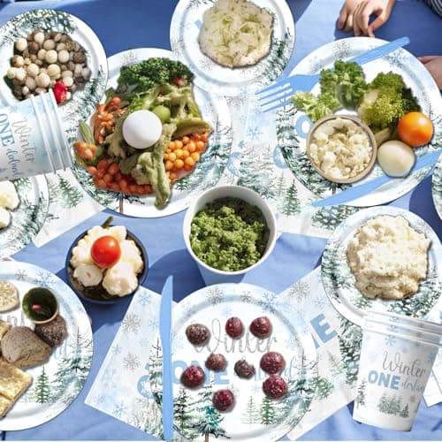 HAKOTI Winter Wonderland 1st Birthday Boy Tableware - 142 Pcs Blue Snowflake Plates & Napkins