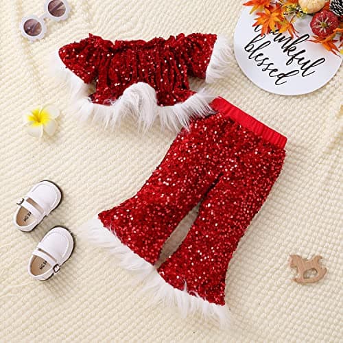 IMEKIS Toddler Girl Velvet Santa Claus Top & Flare Pants Xmas & Halloween Costumes
