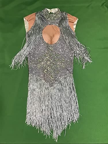 YUANTONG Sparkly Silver Rhinestone Fringe Bodysuit for Women Latin Dance Costume