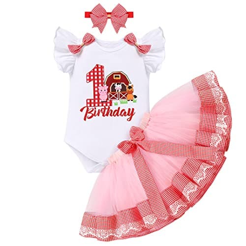Baby Girl 1st Birthday Farm Cow Ladybug Romper Tutu Skirt Headband Cake Smash Photo Shoot Clothes