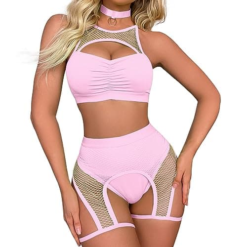 ABAFIP Women's Festival Rave Outfits: Fishnet Top & Shorts Choker Nightwear