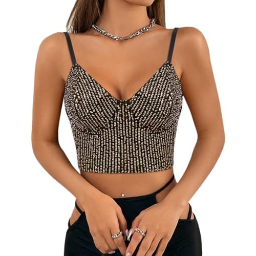 Giovacker Women's V-Neck Sparkle Sequined Crop Top Tank Vest