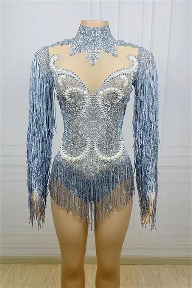 Earthradius Gray Tassel Crystal Women's Dancer Bodysuit Party Costume