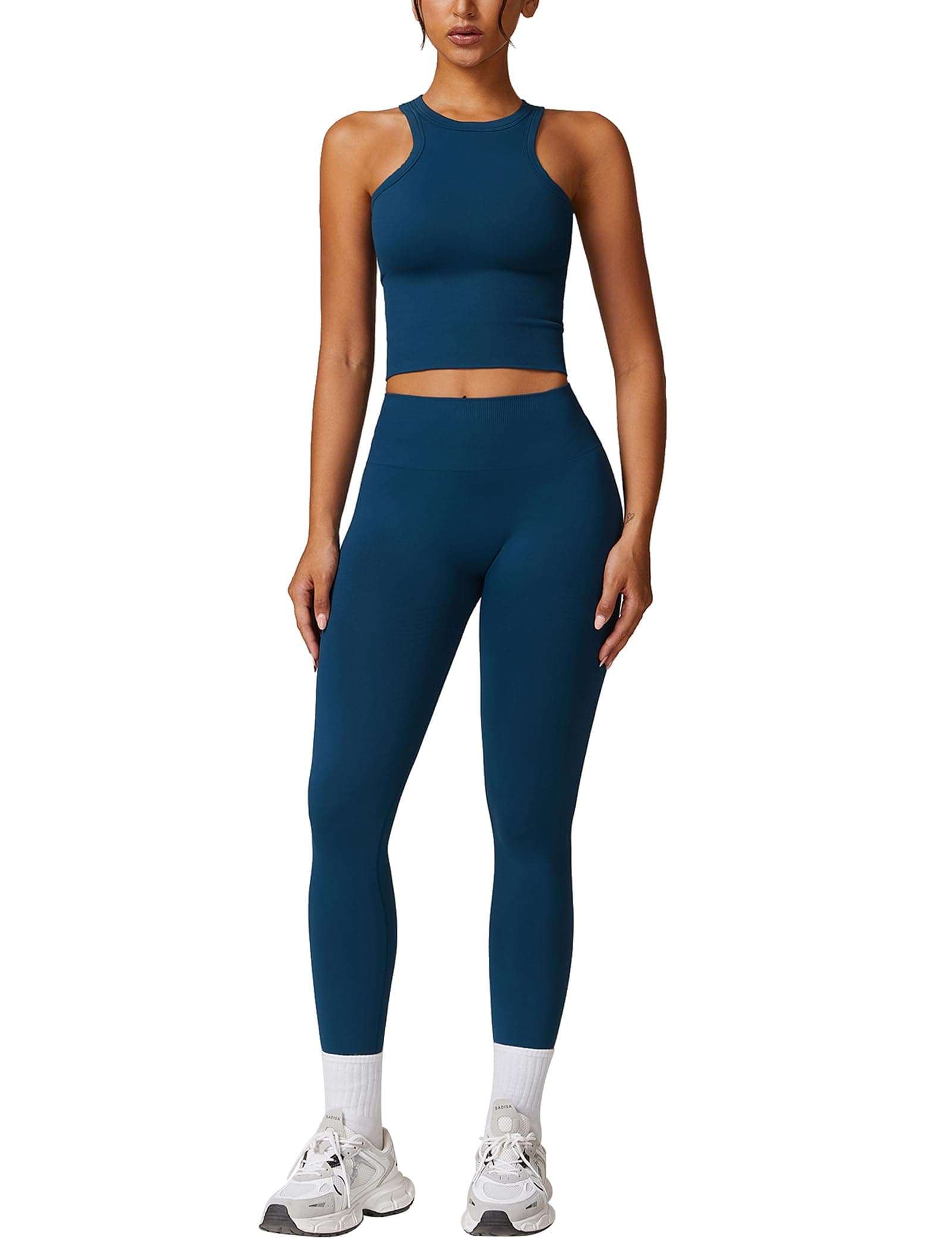 Womens QBGJTD Workout Sets: Racer-back Top & High-Waist Leggings