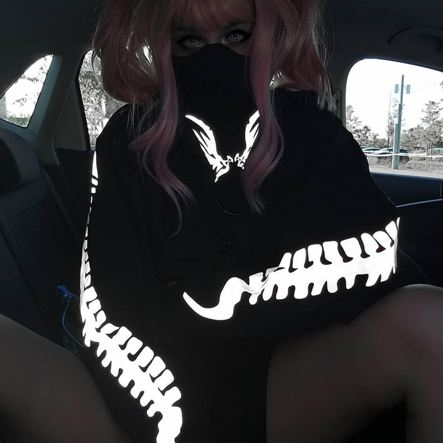 Women Sexy Off Shoulder Gothic Punk Lace Hoodie Crop Top Long Sleeve Bandage Sweatshirt for Rave Halloween Costume