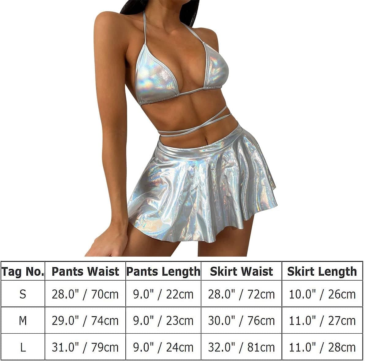 Women Metallic Rave Outfit Shiny Crop Top Bra Skirt Fringe Swimsuit Music Festivals Halloween Cosplay Alien Costume