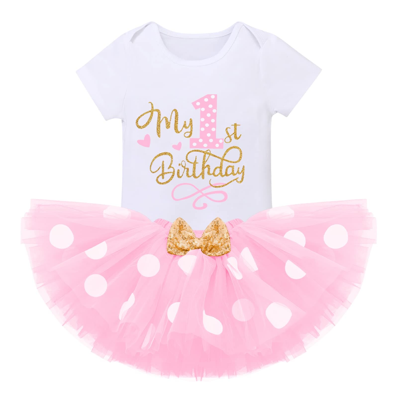 Baby Girls' 1st Birthday Polka Dot Romper Tutu Outfit with Mouse Ears Headband for Cake Smash Photo Shoot