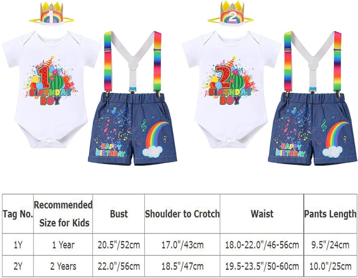Toddler Baby Boys Melon Birthday Outfit Romper T-shirt + Jeans Shorts + Suspenders Rainbow Cake Smash Photo Shoot 1-5T
