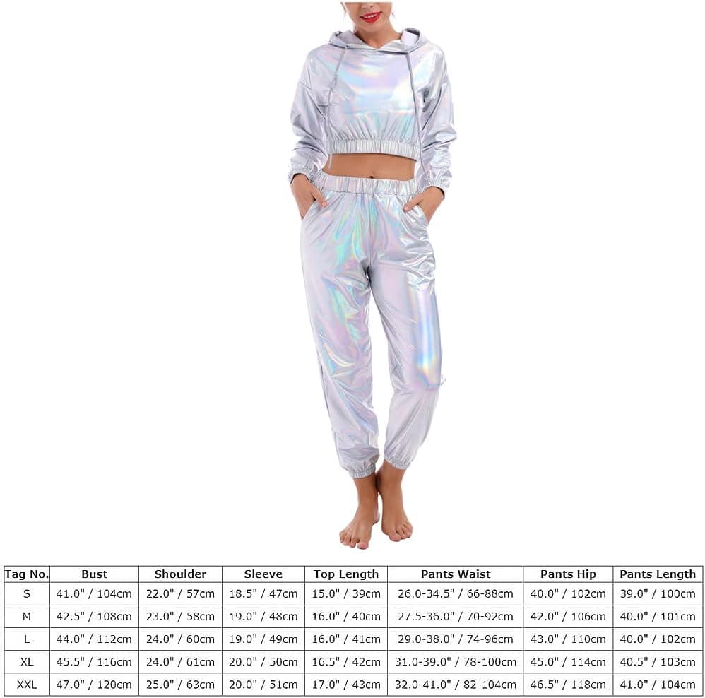 Women's Rave Outfit Shiny Crop Top Hoodie Metallic Casual Long Pants Hooded Workout Sweatshirt Disco Dance Clubwear