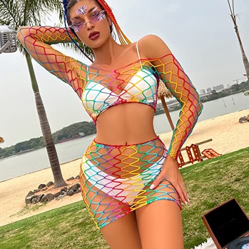 IMEKIS Women Rainbow Rave Outfit Fishnet Dress Bodysuit