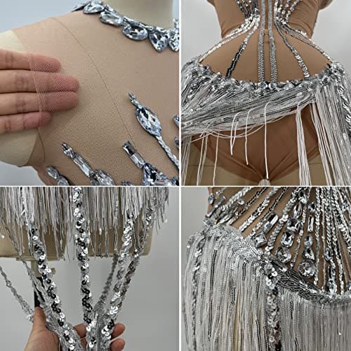 Youmeisha Sparkly Rhinestone Fringes Sequins Women's Mesh Dance Costume