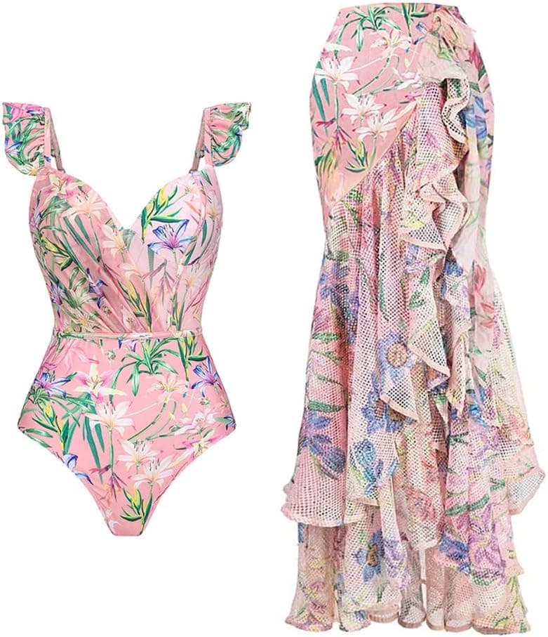 Women Floral Print Beach Swimsuit with Maxi Skirt Bikini Sets Swimwear Skirt Summer Holiday Outfit Bathing Suits