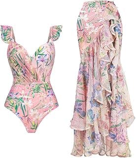 Women Floral Print Beach Swimsuit with Maxi Skirt Bikini Sets Swimwear Skirt Summer Holiday Outfit Bathing Suits