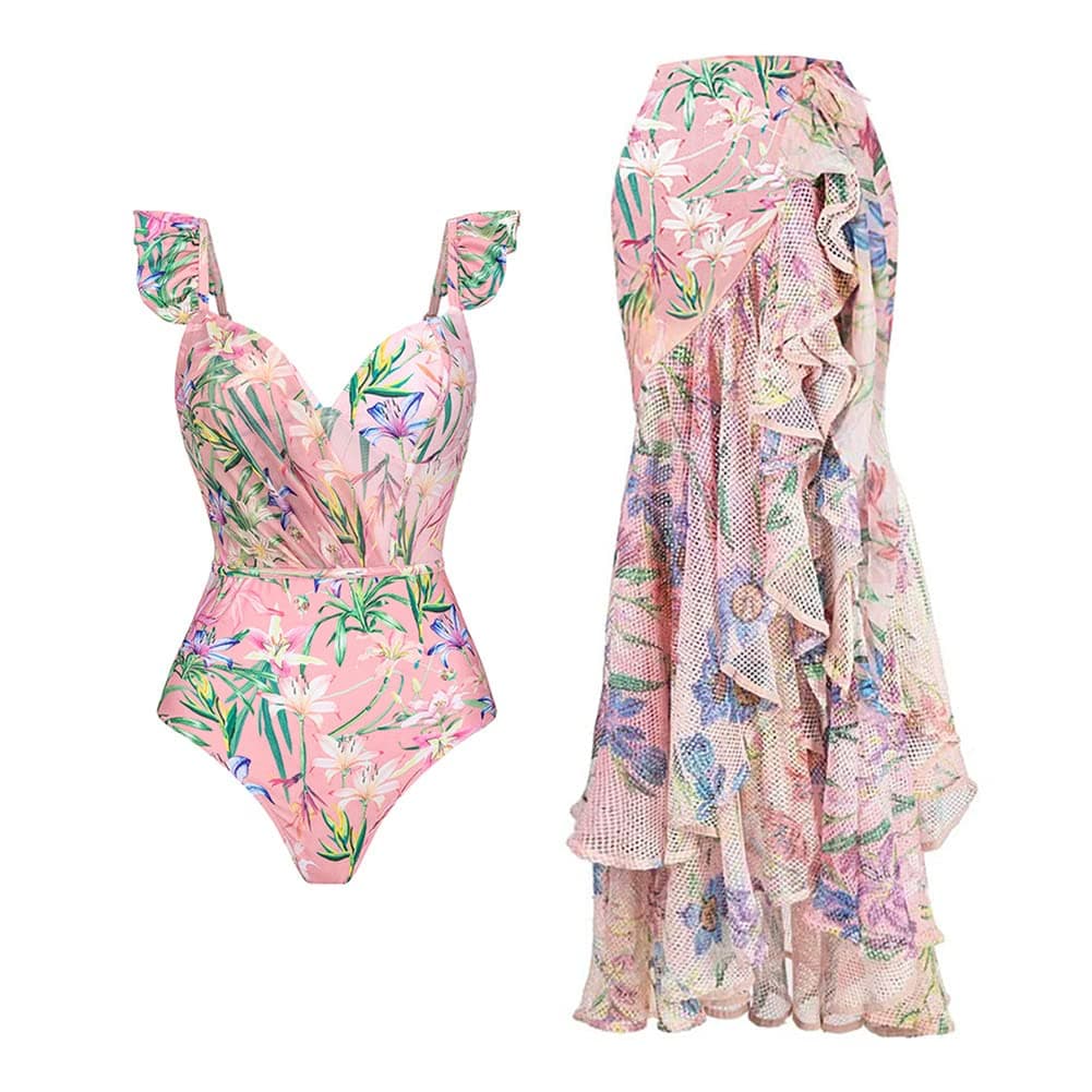 Women's One Piece Swimsuit with Floral Sarong Cover Up and Tummy Control