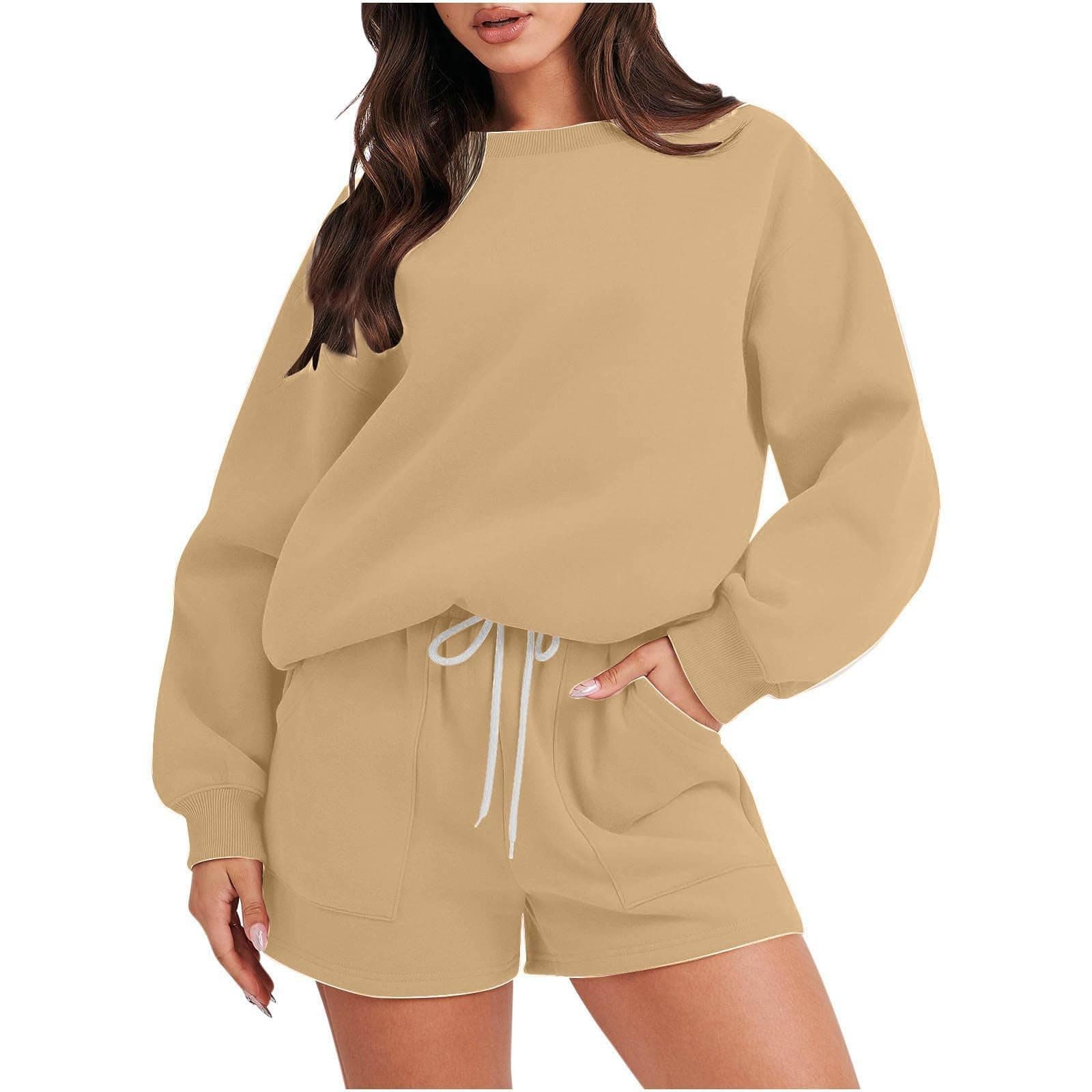 MXTPOV Women's 2024 Fall Two-Piece Outfit Long Sleeve Pullover Shorts Tracksuit