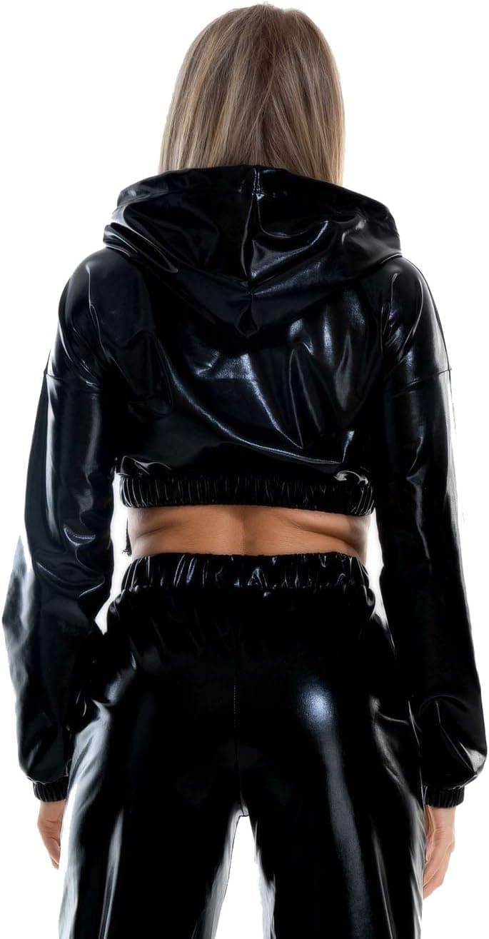 Shiny Metallic Crop Hoodies for Women, Long Sleeve Wet Look Stretchy Pullover Holographic Sweatshirts Crop Tops Club Wear
