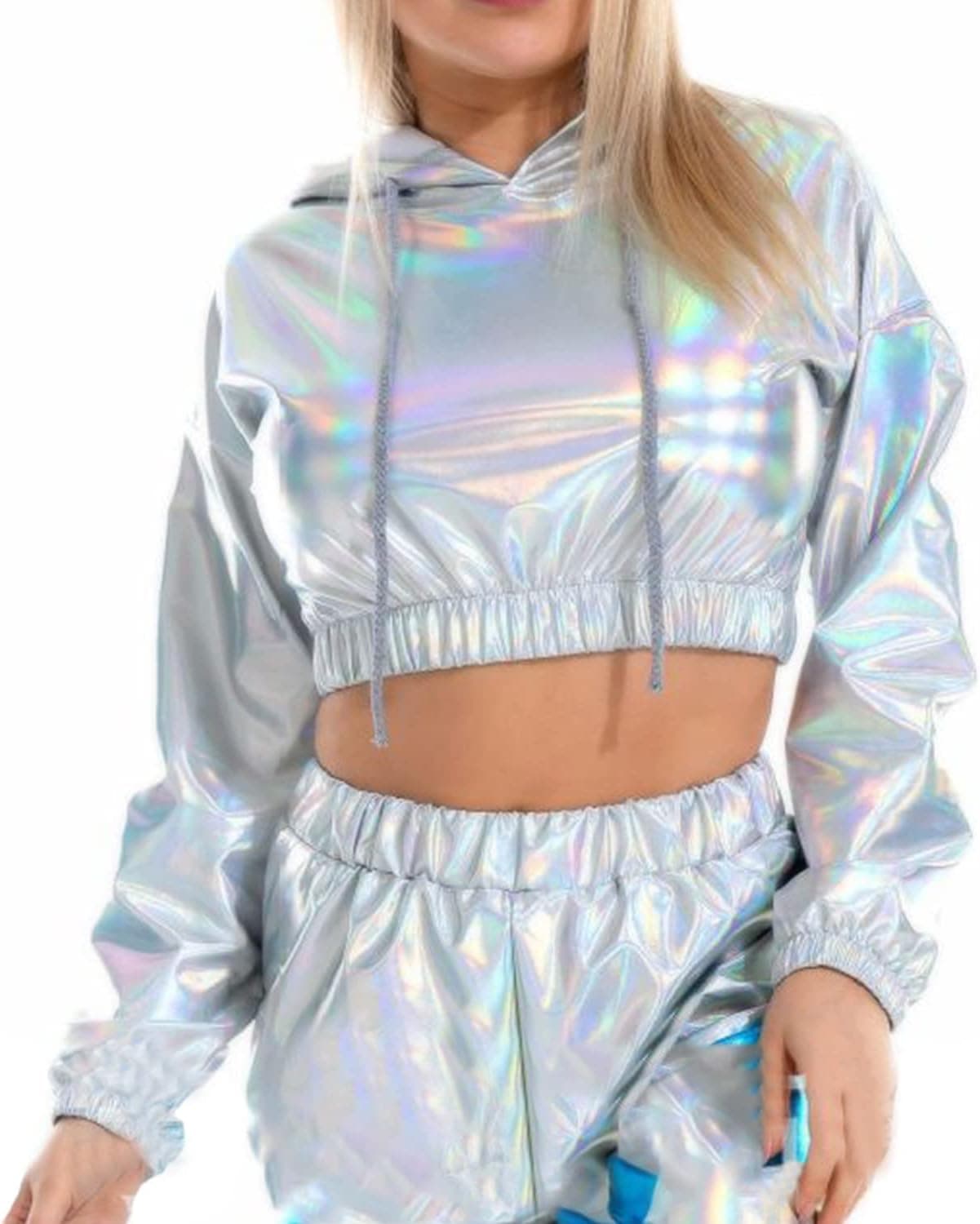 Women's Metallic Top Cropped Hoodie Rave Long Sleeve Shiny Pullover Sweatshirt