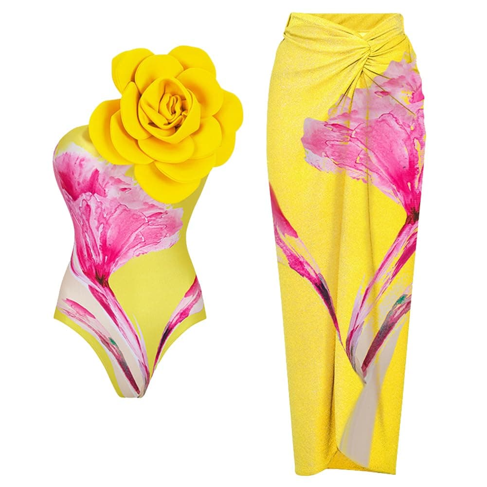 Flower Print Women's Swimsuit Set with Cover Ups - Summer Beach Outfit