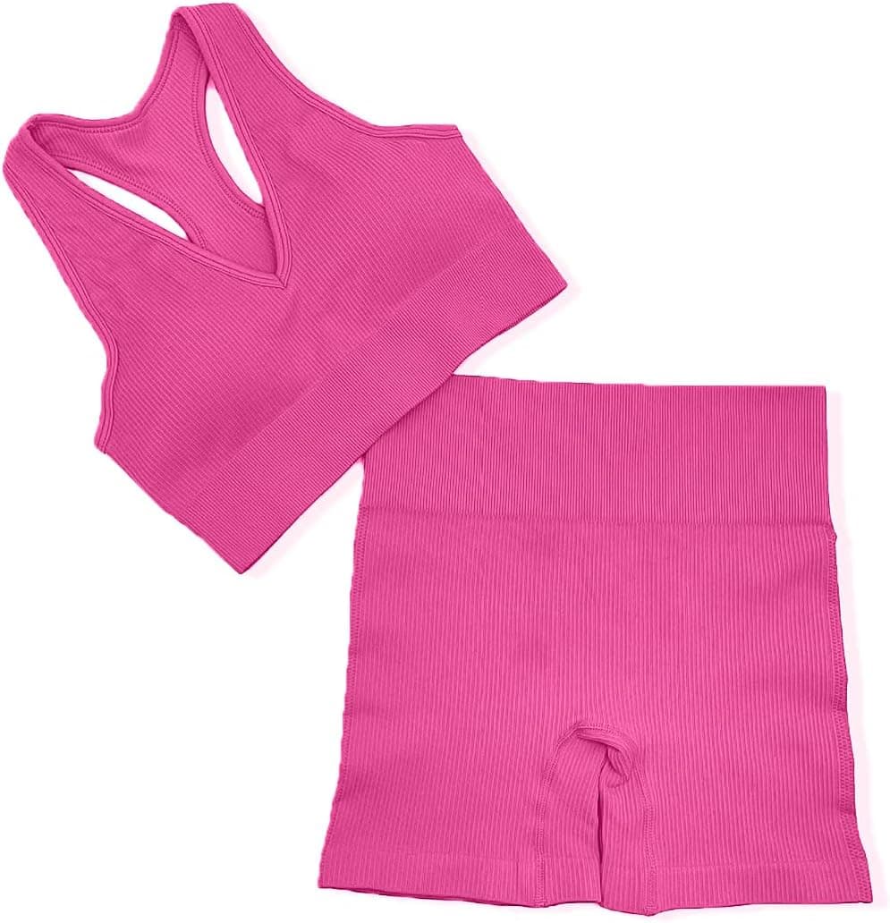 Workout Sets Two Piece Outfits for Women Clothes Gym Yoga Seamless Racerback Sports Bra Tank Tops with Biker Shorts