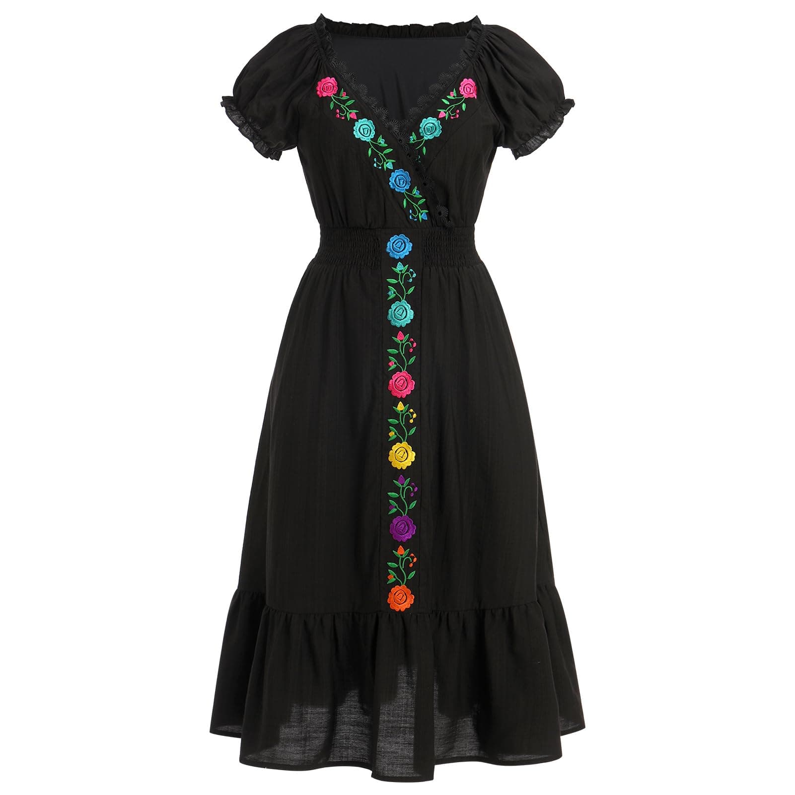 Women Mexican Fiesta Dress Floral Embroidered Maxi Gown