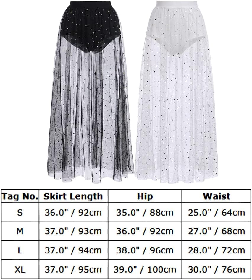 Women Shiny Stars Rave Skirt Flowy Mesh Tulle Maxi Skirts with Booty Bottoms Music Festival Clothes Halloween Costume