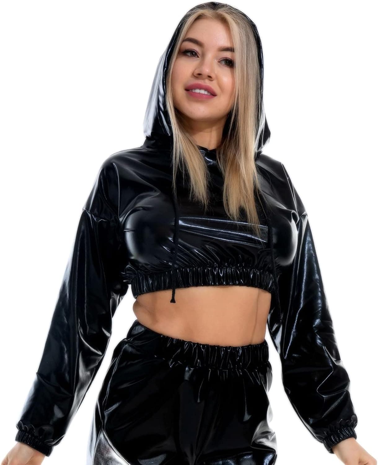Womens Shiny Metallic Crop Top Hoodies Drawstring Long Sleeve Wet Look Pullover Holographic Sweatshirts Club Wear