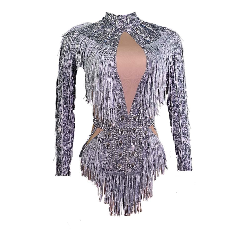 FANCISSORS Sparkly Rhinestone Fringe Leotard Dance Costume