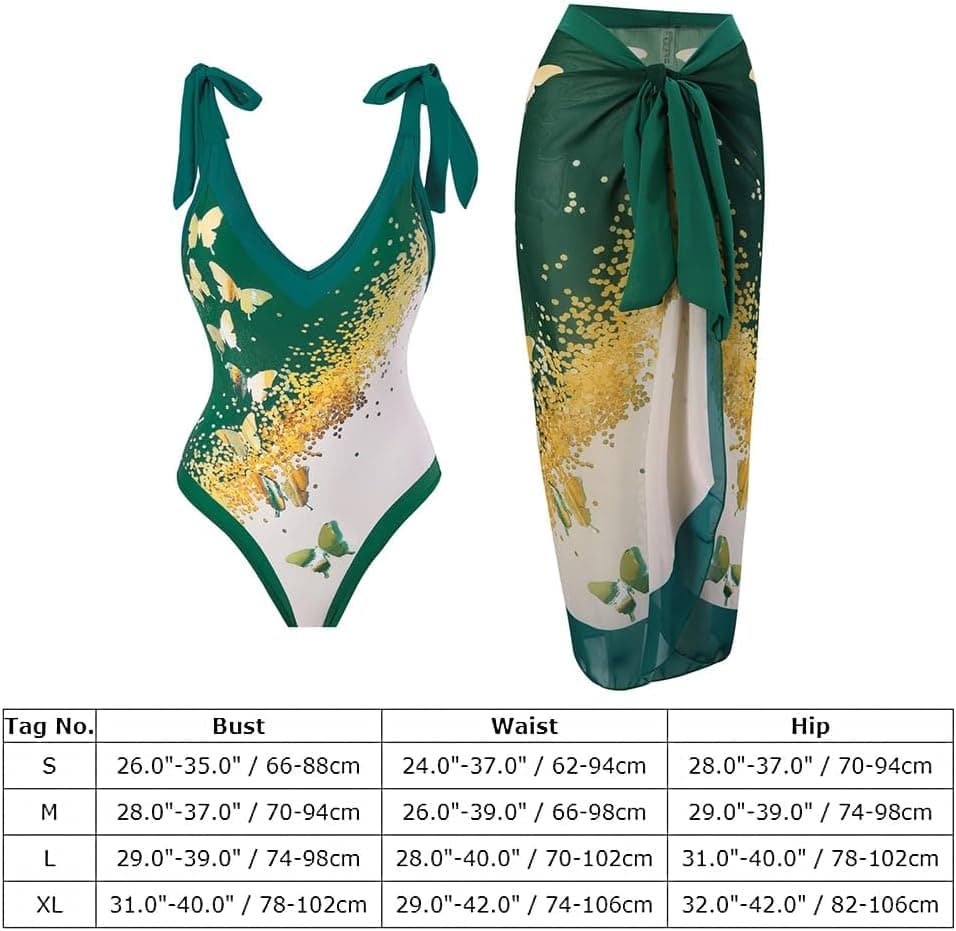 Women's One Piece Swimsuit with Beach Cover up Wrap Skirt Sarong Retro Floral Print Bikini Set Two Piece Bathing Suit