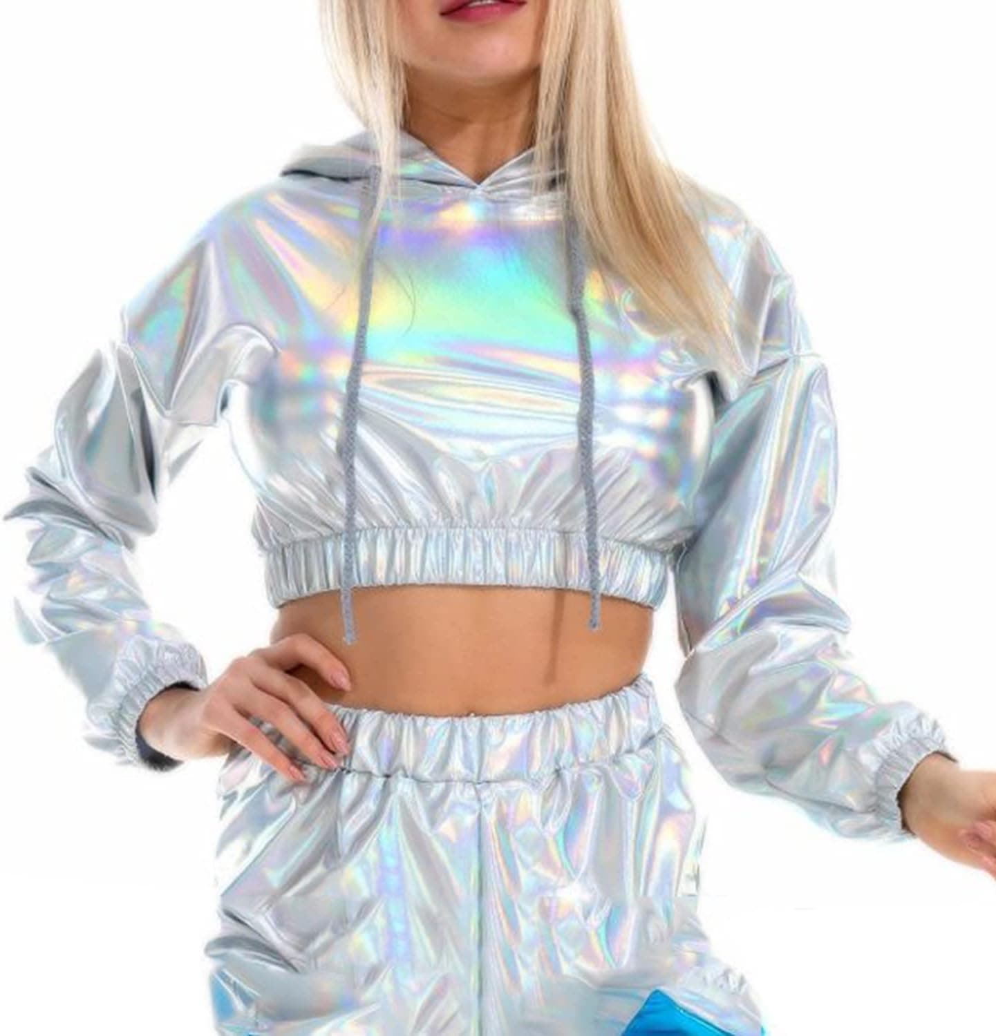 Women's Metallic Top Cropped Hoodie Rave Long Sleeve Shiny Pullover Sweatshirt