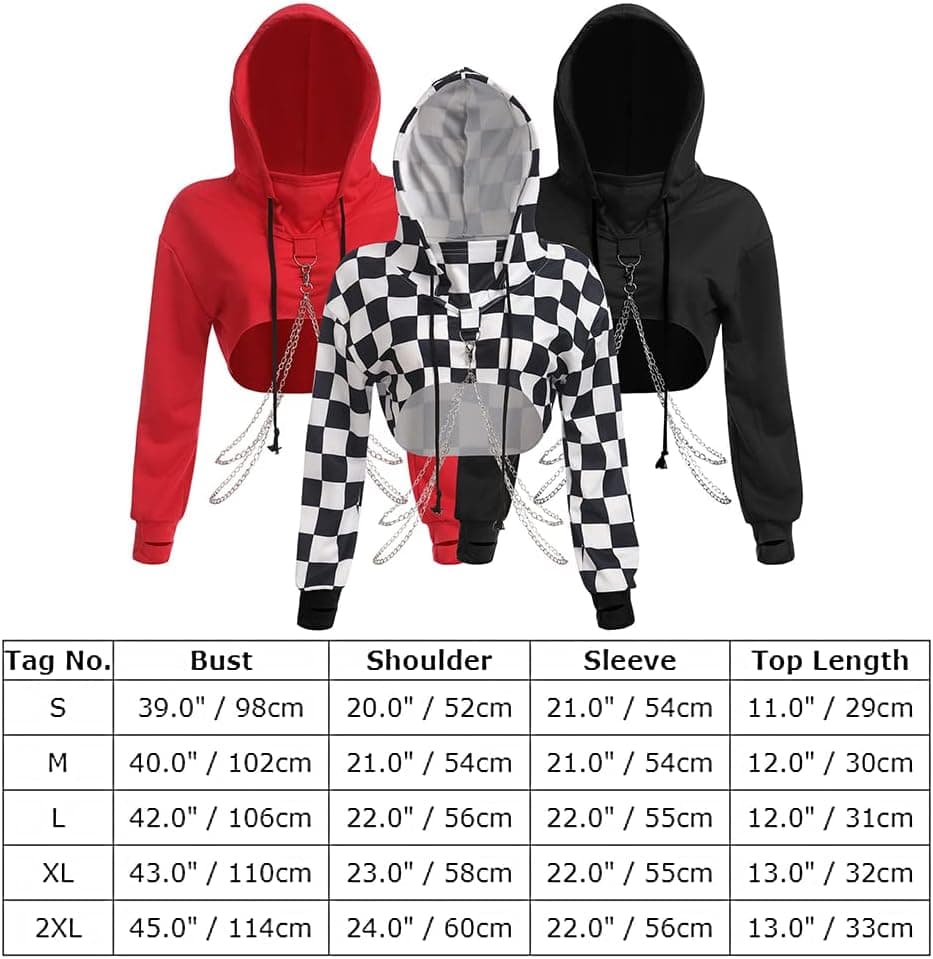 Women's Gothic Rave Crop Top Hoodie with Chains Casual Long Sleeve Hooded Pullover Workout Sweatshirt Clubwear