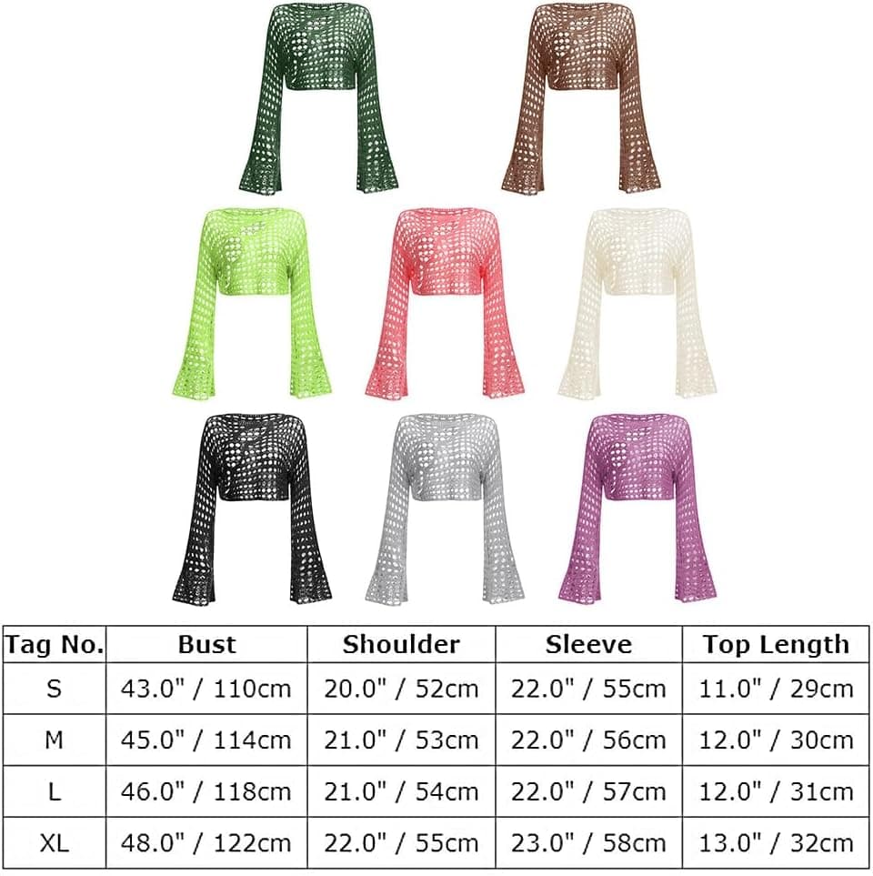 Women Hollow Out Crochet Knit Crop Tops Summer Beach Cover Up Bell Long Sleeve Rave Sweaters Tops
