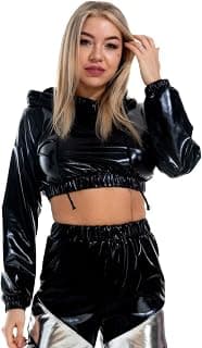 Shiny Metallic Crop Hoodies for Women, Long Sleeve Wet Look Stretchy Pullover Holographic Sweatshirts Crop Tops Club Wear