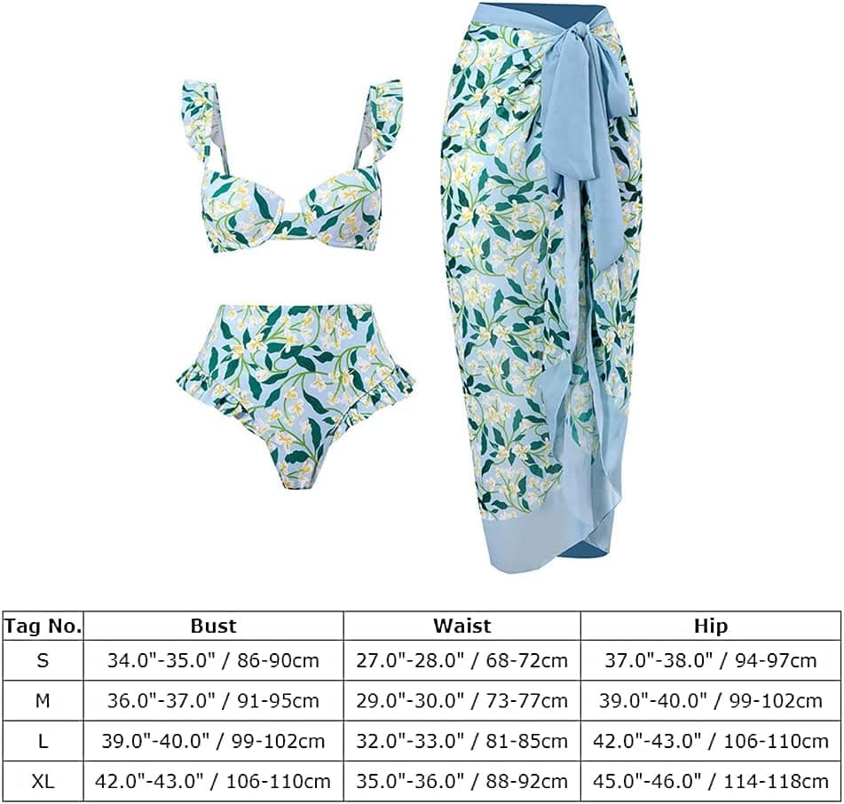 Women 3 Piece Swimsuit Ruffle Floral Print Vintage Bikini Swimwear with Cover up Wrap Summer Holiday Bathing Suit
