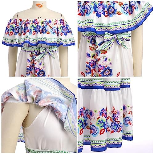IMEKIS Women Mexican Dress Summer Floral Print Off Shoulder Maxi Gowns