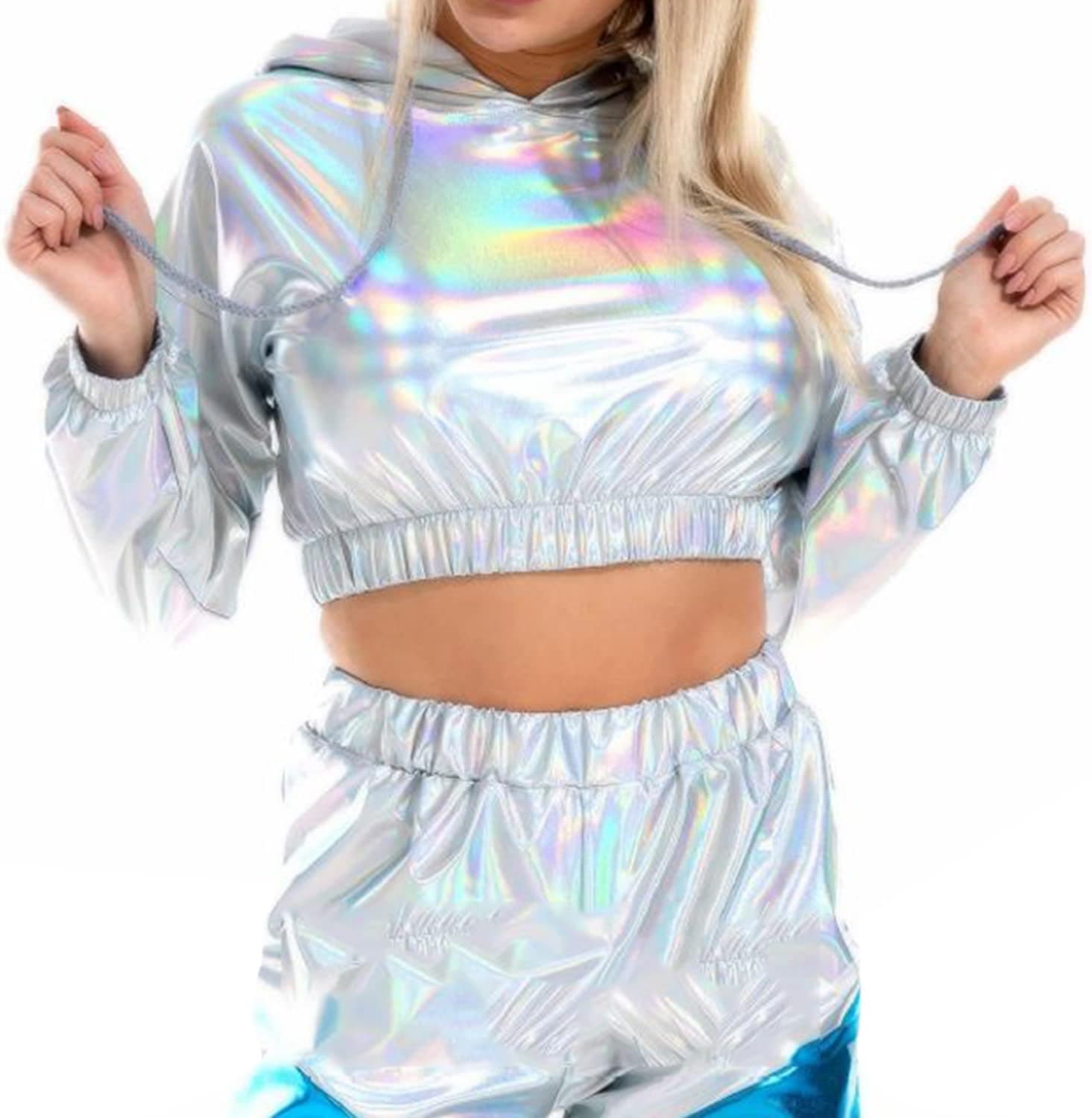 Women's Metallic Top Cropped Hoodie Rave Long Sleeve Shiny Pullover Sweatshirt