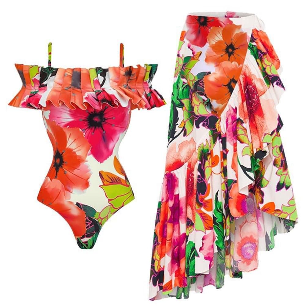 IMEKIS Women's Floral Print 2-Piece Swimsuit Set with Ruffle Cover-Up