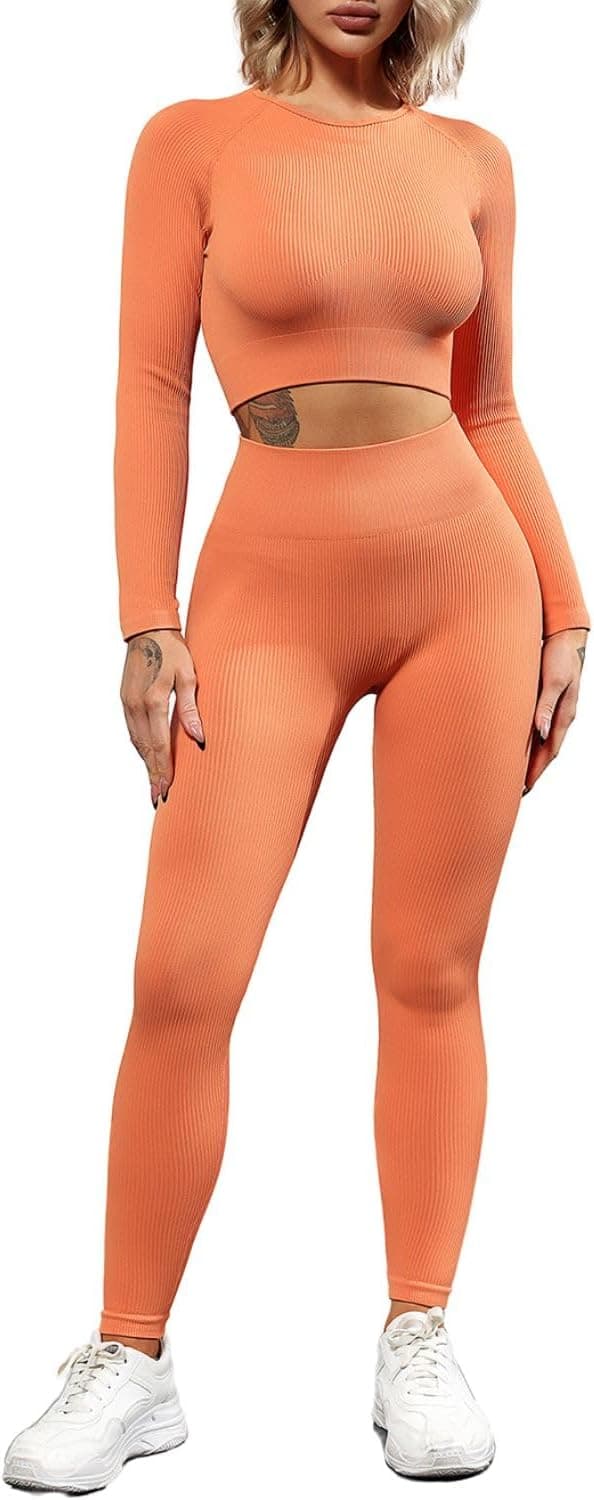 Seamless Workout Outfits for Women 2 Piece Ribbed Long Sleeve Crop Top Tummy Control Leggings Sets