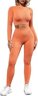 Seamless Workout Outfits for Women 2 Piece Ribbed Long Sleeve Crop Top Tummy Control Leggings Sets