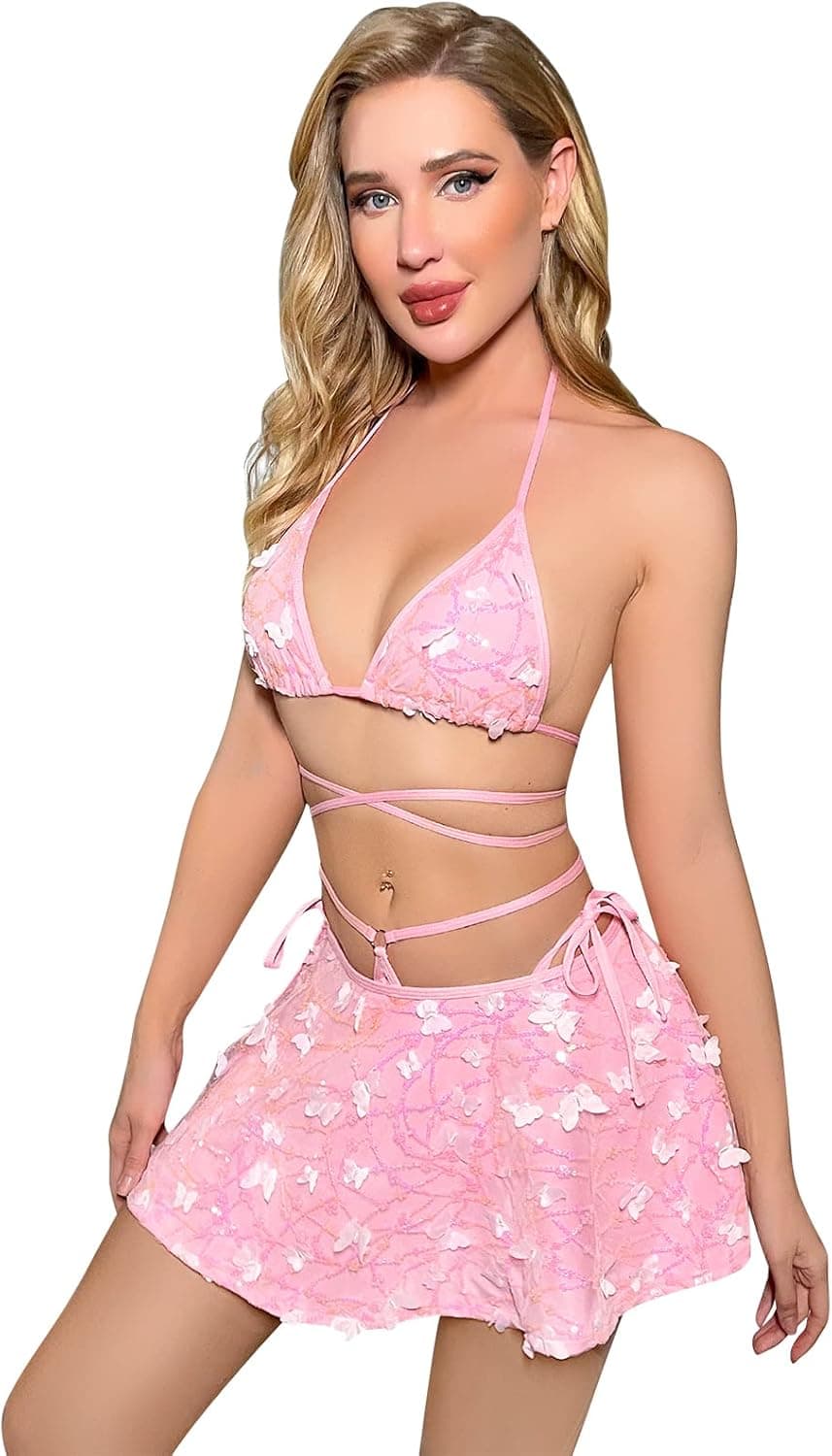 Women Butterfly Rave Outfit Fur Bra Skirt Music Festivals Halloween Cosplay Costume