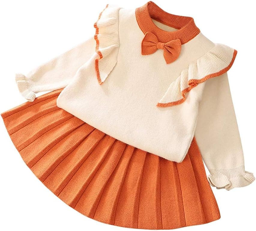 Toddler Baby Girls Outfit Knitted Buttons Sweater Tops Mini Skirt Bowknot Ruffle Long Sleeve Autumn Winter Clothes Set