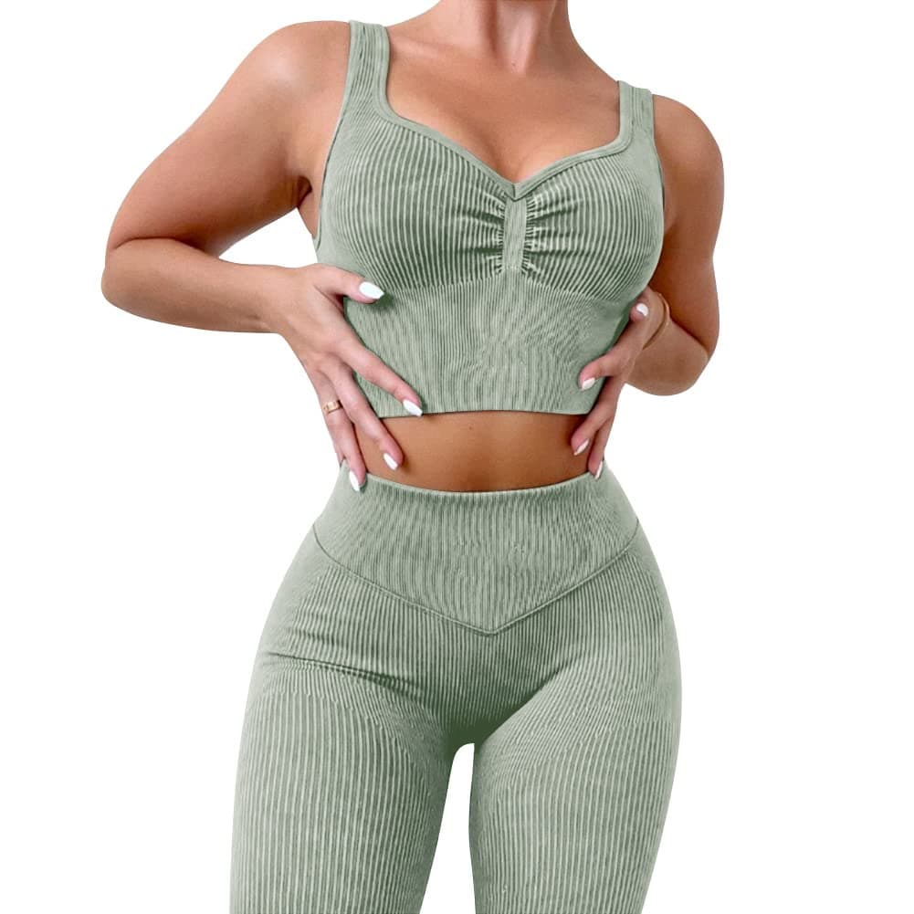 ABOCIW Women's Ribbed Seamless High Waist Scrunch Leggings with Sport Bra