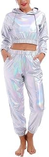 Women's Rave Outfit Shiny Crop Top Hoodie Metallic Casual Long Pants Hooded Workout Sweatshirt Disco Dance Clubwear