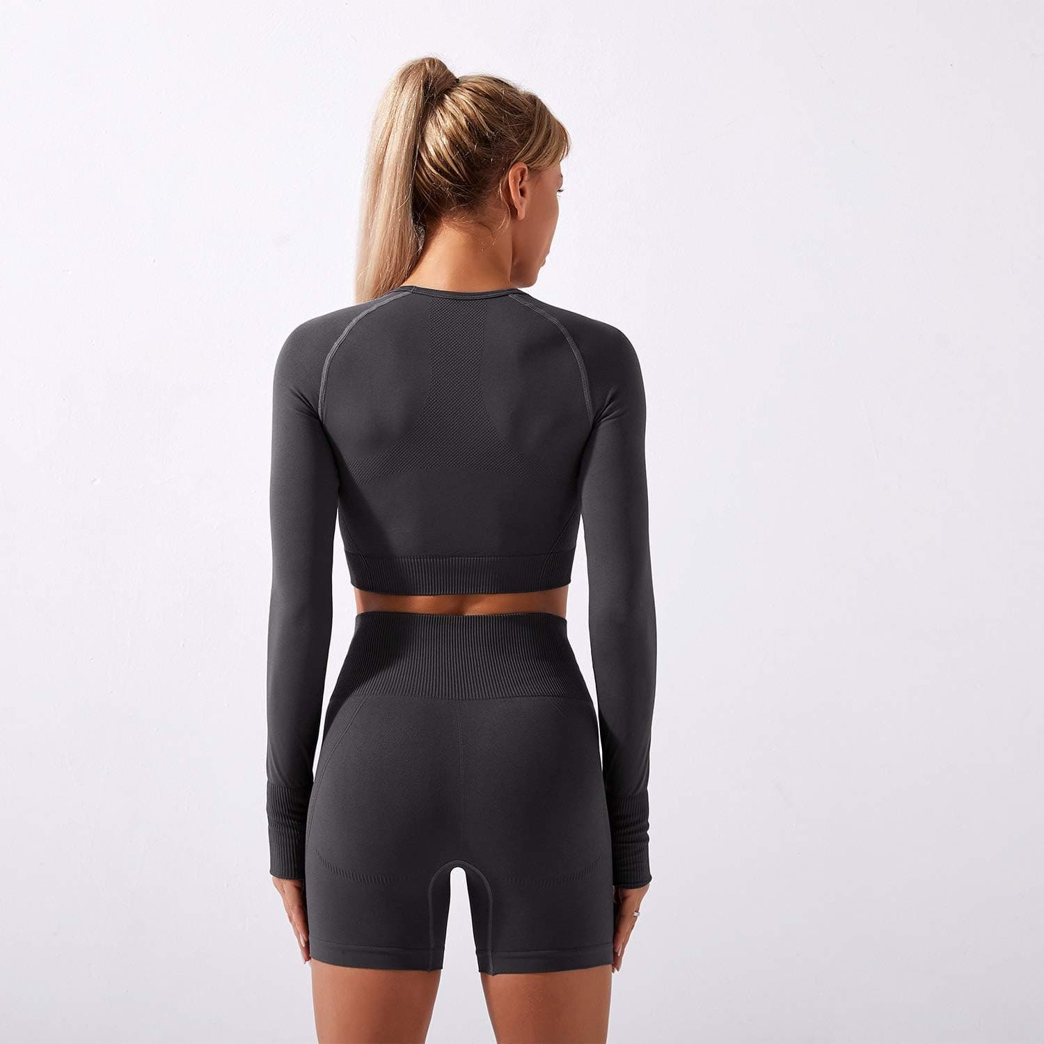 Women's Seamless Yoga Outfits Two Pieces Workout Long Sleeve Crop Top Sports Bra + High Waisted Running Shorts Sets Biker Activewear Athletic Fitness Gym Sexy Active Tracksuit Z - Grey Medium