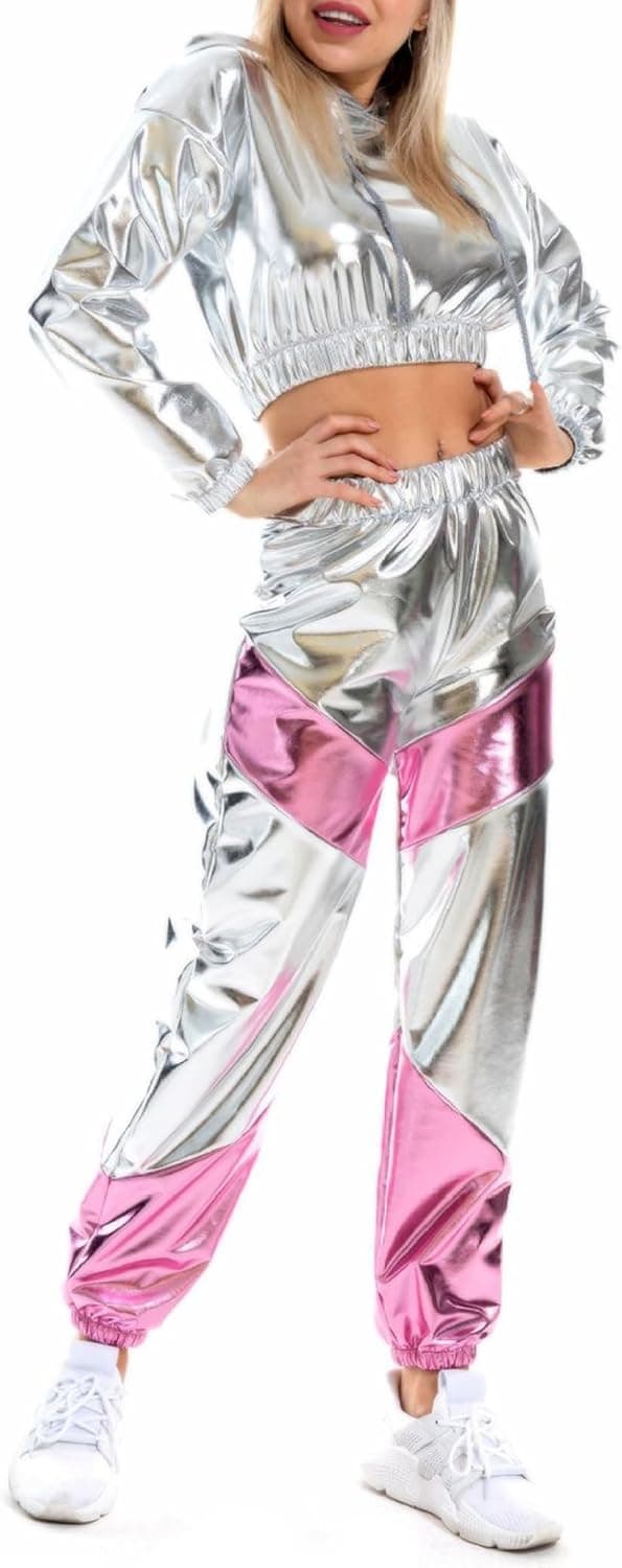 Women Shiny Holographic Rave Outfits Drawstring Long Sleeve Hoodie Crop Top Jogger Pants Set