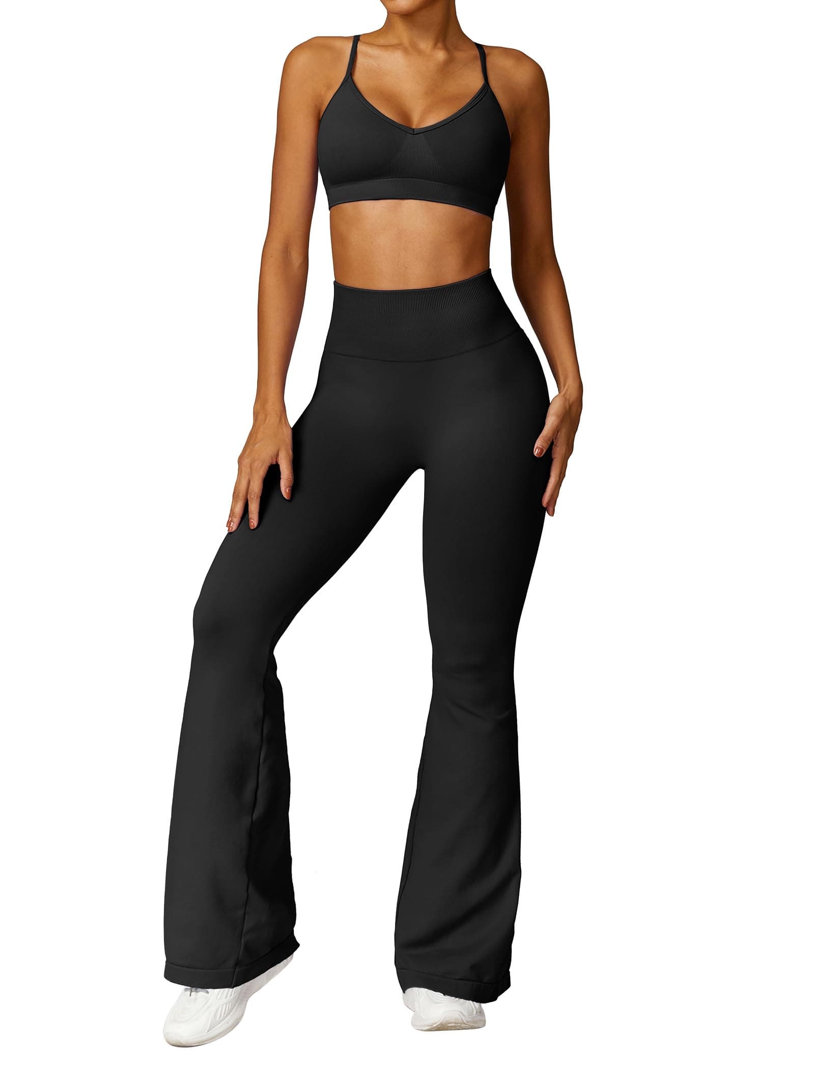OmeWee Women's V-Neck Adjustables Cami Bra & High-Waist Flared Leggings Workout Set
