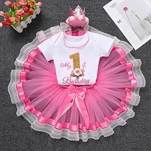 IBTOM CASTLE Baby Girl 1st Birthday Floral Lace Romper & Tutu Set+Crown Photo Clothes