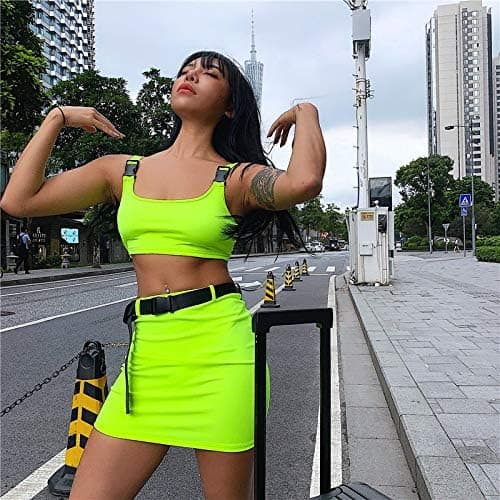 Women Sexy Buckle Tank Crop Tops Mini Skirt Set 2 Piece Rave Outfit Party Clubwear Bodycon