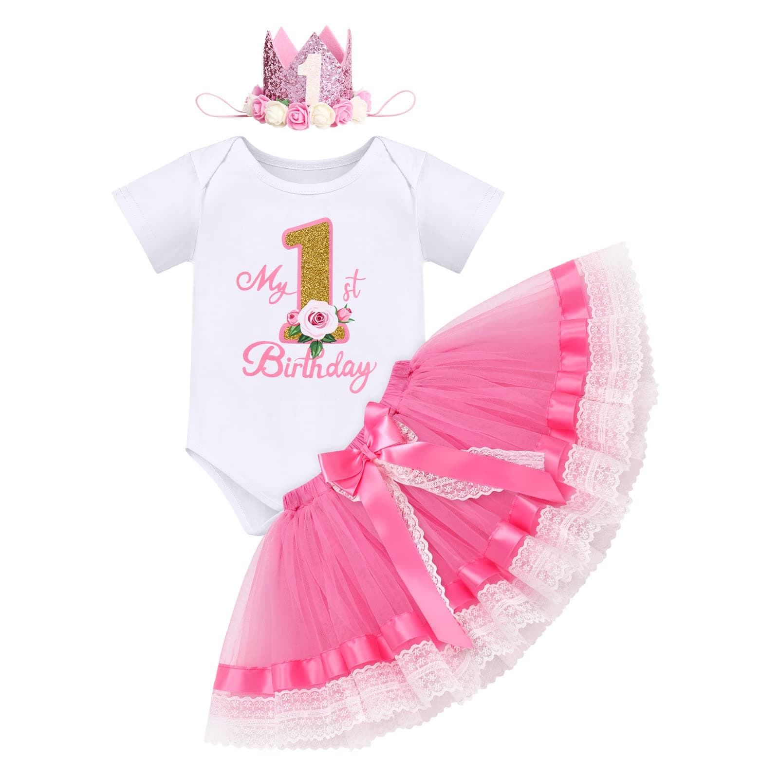 ODASDO Baby Girl's 1st Birthday Flower Cotton Romper & Tutu Skirt 3PC Set